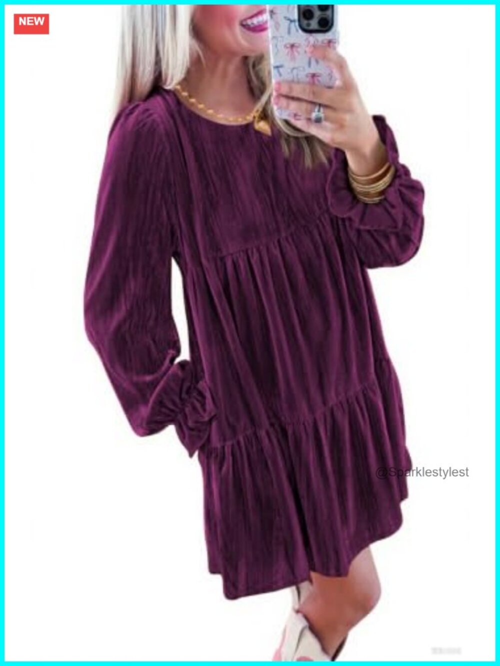 Crushed Velvet Babydoll Dress Long Sleeve Semi Formal Pockets